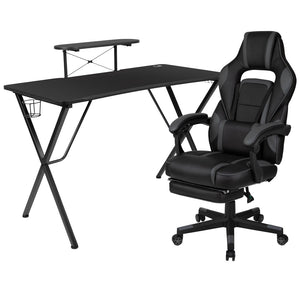 English Elm Optis Gaming Desk and Reclining Ergonomic Chair Set with Monitor Stand, Footrest, and Massage Support Black BLN-X40RSG1031-BK-GG