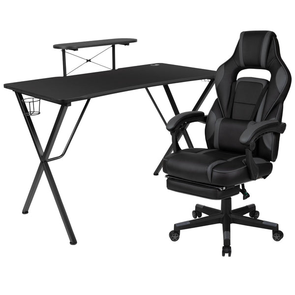 English Elm Optis Gaming Desk and Reclining Ergonomic Chair Set with Monitor Stand, Footrest, and Massage Support Black BLN-X40RSG1031-BK-GG