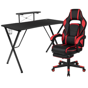 English Elm Optis Gaming Desk and Reclining Ergonomic Chair Set with Monitor Stand, Footrest, and Massage Support Red BLN-X40RSG1031-RED-GG