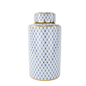 Zeugma Blue Striped Ceramic Urn With Bee Motif - Elegant Blue, White, And Gold Design, 17" Tall Decor Piece   241044