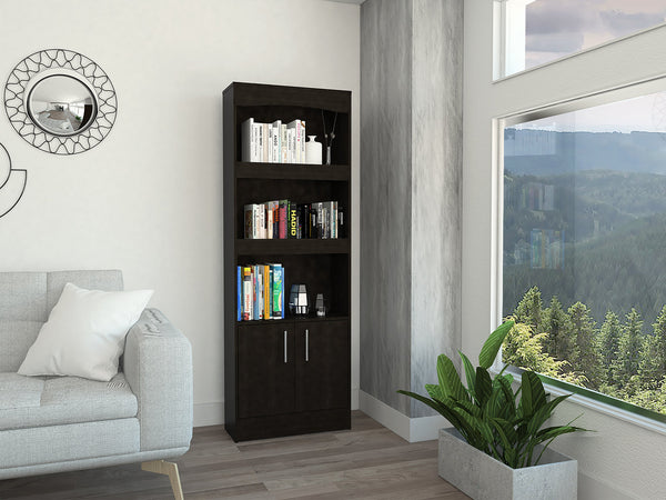 English Elm Simma Tall Particleboard Bookcase with Metal Hardware, Three Shelves and Double Door Cabinet Black 74.9 L x 16.1 W x 5 H B20091981