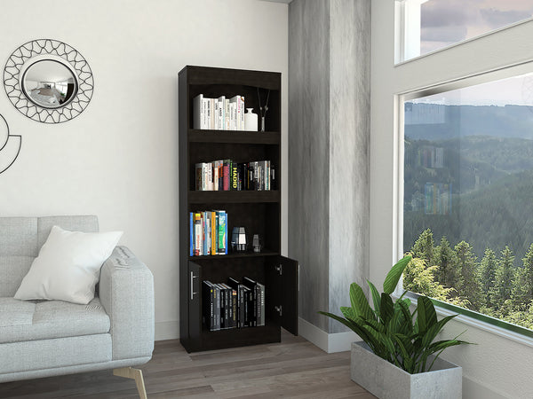 English Elm Simma Tall Particleboard Bookcase with Metal Hardware, Three Shelves and Double Door Cabinet Black 74.9 L x 16.1 W x 5 H B20091981