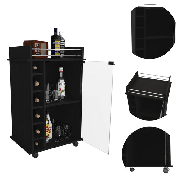 English Elm Dukat Matte Black Metal Bar Cart with Wine Rack Glass Cabinet and Locking Casters B07091846