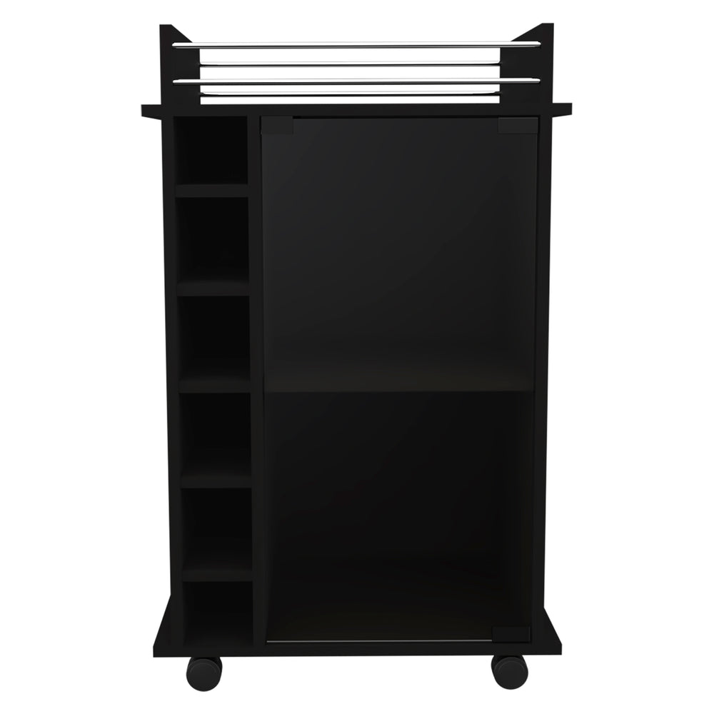 English Elm Dukat Matte Black Metal Bar Cart with Wine Rack Glass Cabinet and Locking Casters B07091846