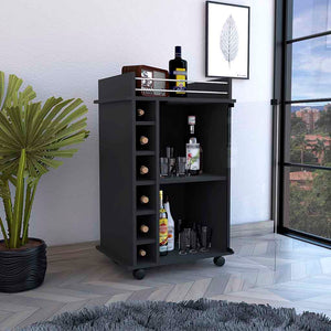 English Elm Dukat Matte Black Metal Bar Cart with Wine Rack Glass Cabinet and Locking Casters B07091846