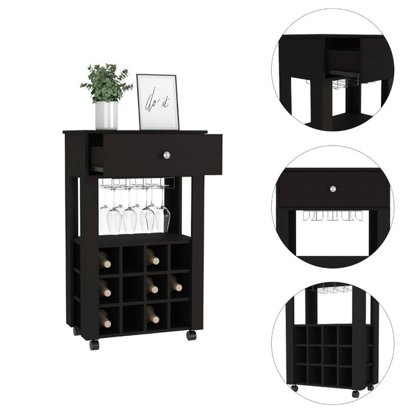 English Elm Memphis Mobile Bar Cart with 12-Bottle Wine Rack, Stemware Holder, Caster Wheels & Drawer Storage Black 36.6 L x 21.3 W x 8.3 H B20091948