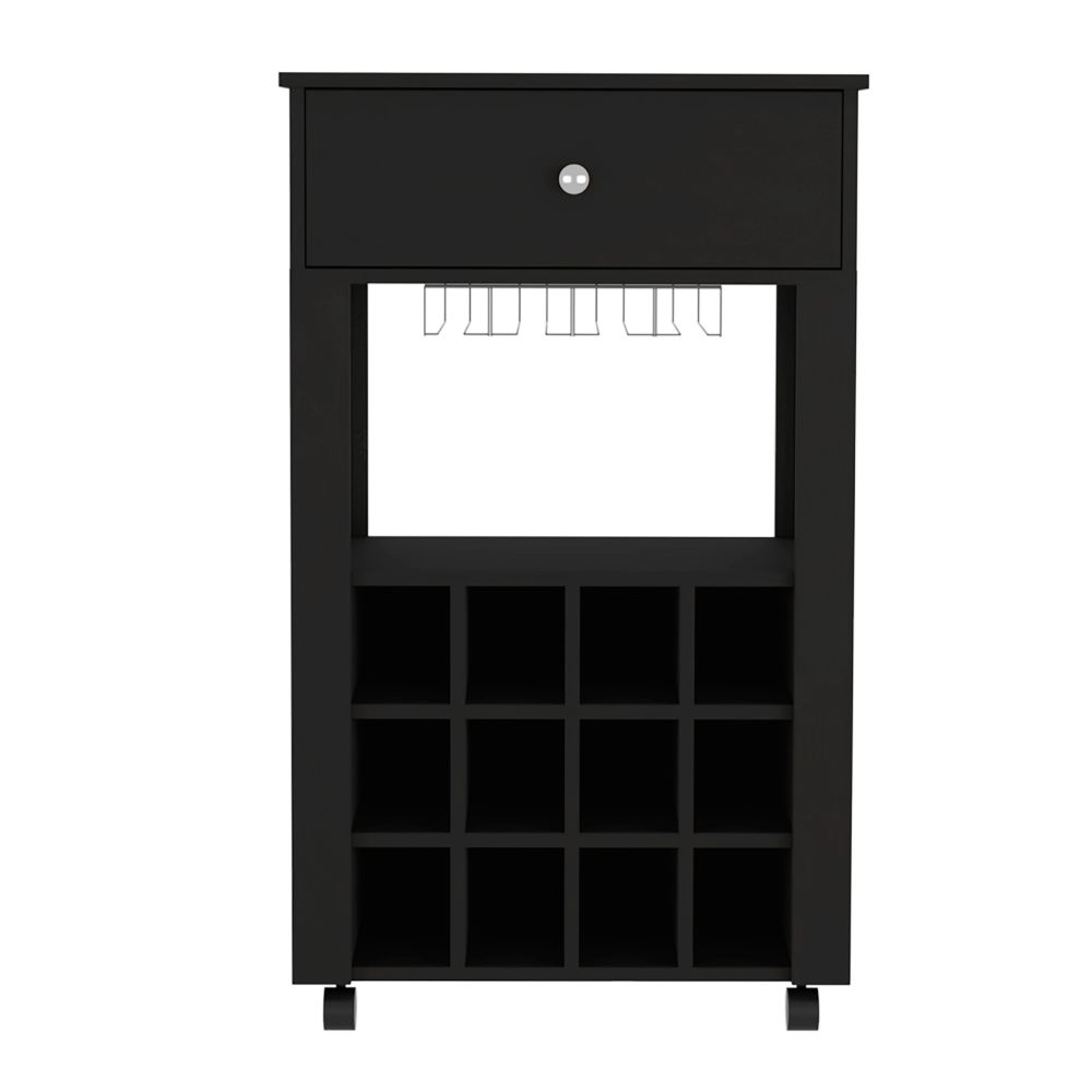 English Elm 39" Black Bar Coffee Cart with 12 Wine Racks, Open Shelf, Cup Holders & Drawer — Stylish Storage Centerpiece B097133083