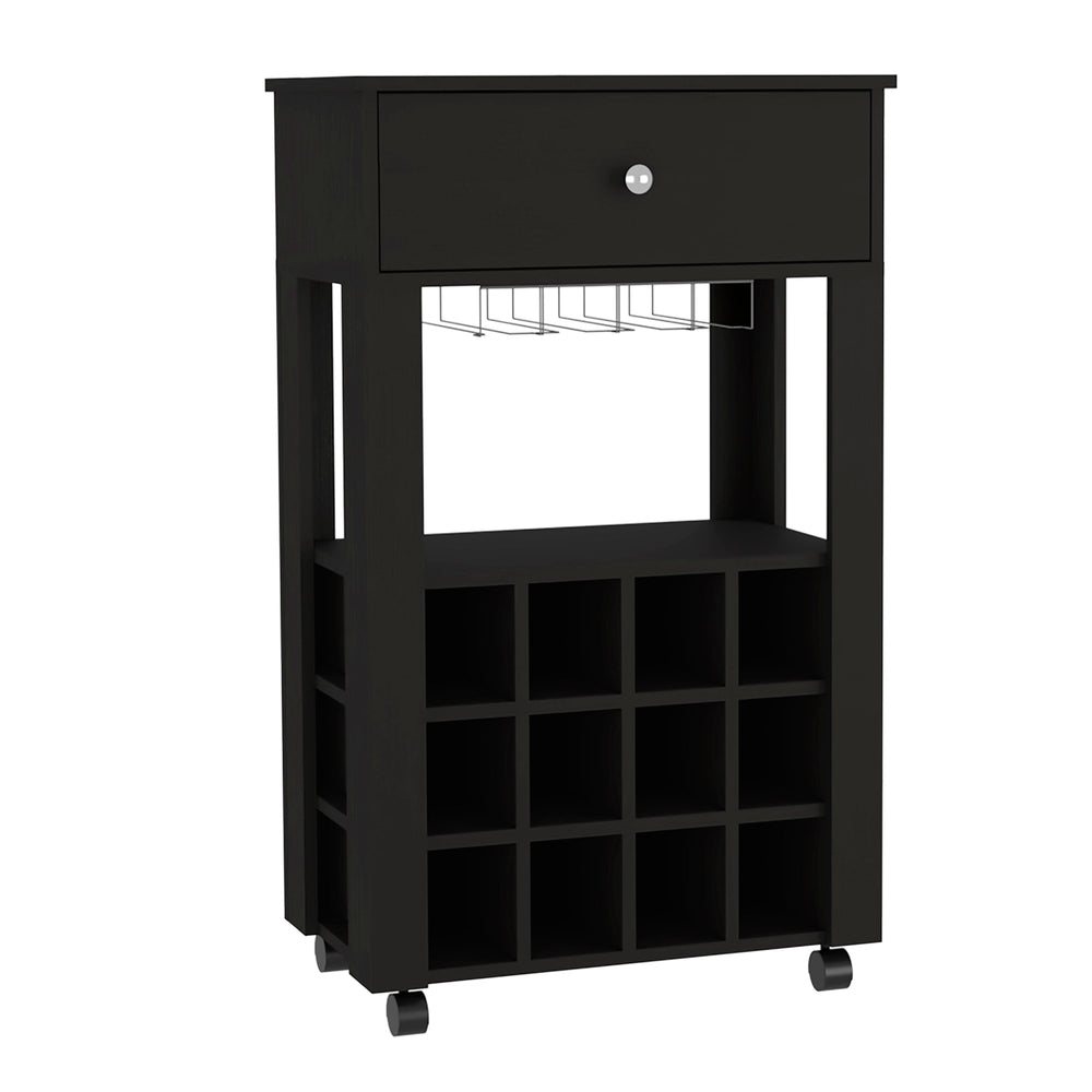 English Elm 39" Black Bar Coffee Cart with 12 Wine Racks, Open Shelf, Cup Holders & Drawer — Stylish Storage Centerpiece B097133083