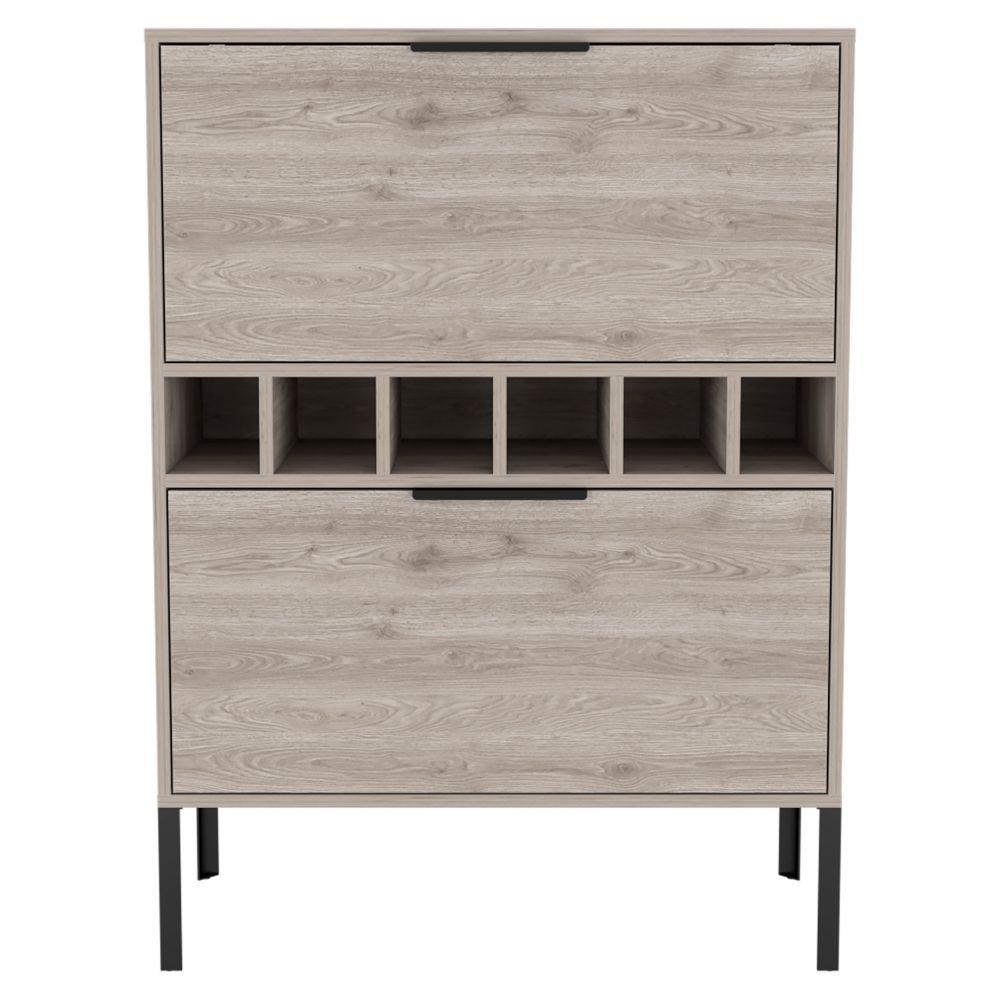 English Elm Lyrata Elegant Light Gray Bar Cabinet with Six-Bottle Wine Rack, Double Doors, Pull-Down Storage, Spacious Top and Four Interior Shelves B20091938