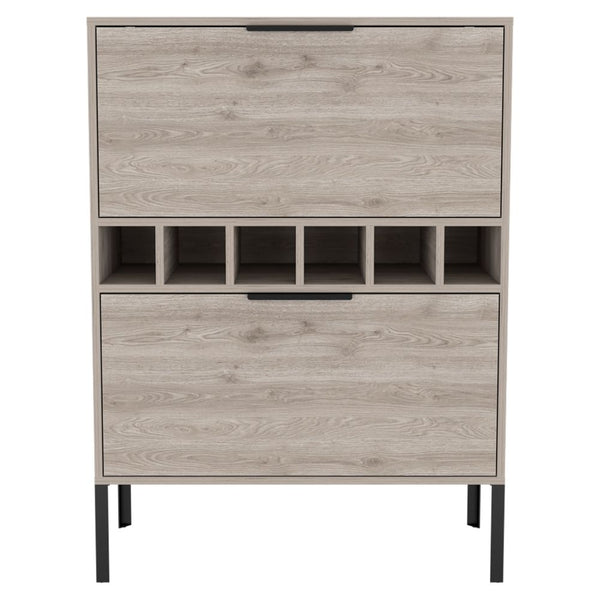 English Elm Lyrata Elegant Light Gray Bar Cabinet with Six-Bottle Wine Rack, Double Doors, Pull-Down Storage, Spacious Top and Four Interior Shelves B20091938