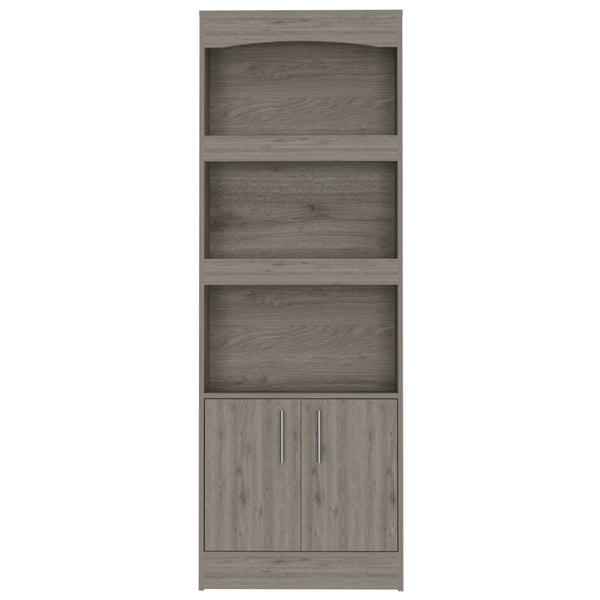 English Elm Simma Tall Particleboard Bookcase with Metal Hardware, Three Shelves and Double Door Cabinet Gray 74.9 L x 16.1 W x 5.2 H B20091982