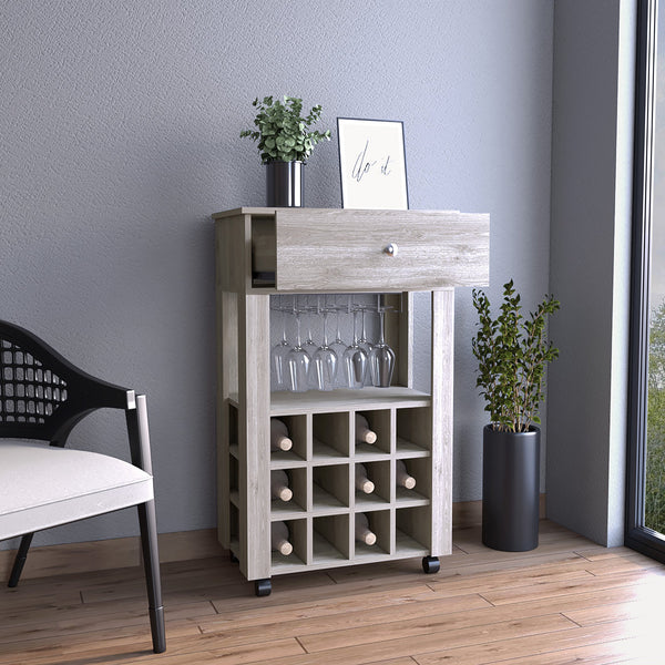 English Elm Memphis Mobile Bar Cart with 12-Bottle Wine Rack, Stemware Holder, Drawer & Caster Wheels B07092097