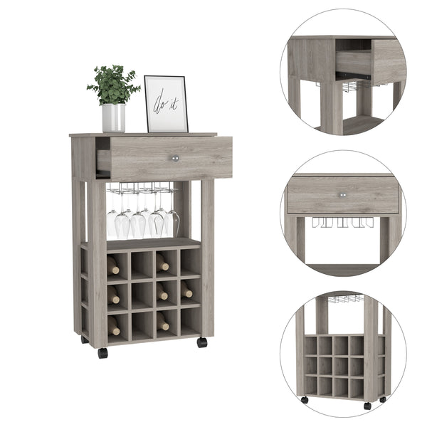 English Elm Memphis Bar Cart with 12-Bottle Wine Rack, Stemware Holder, Drawer & Casters in Light Gray Elegance B20092097