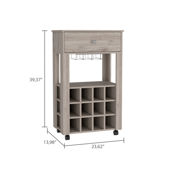 English Elm Memphis Bar Cart with 12-Bottle Wine Rack, Stemware Holder, Drawer & Casters in Light Gray Elegance B20092097