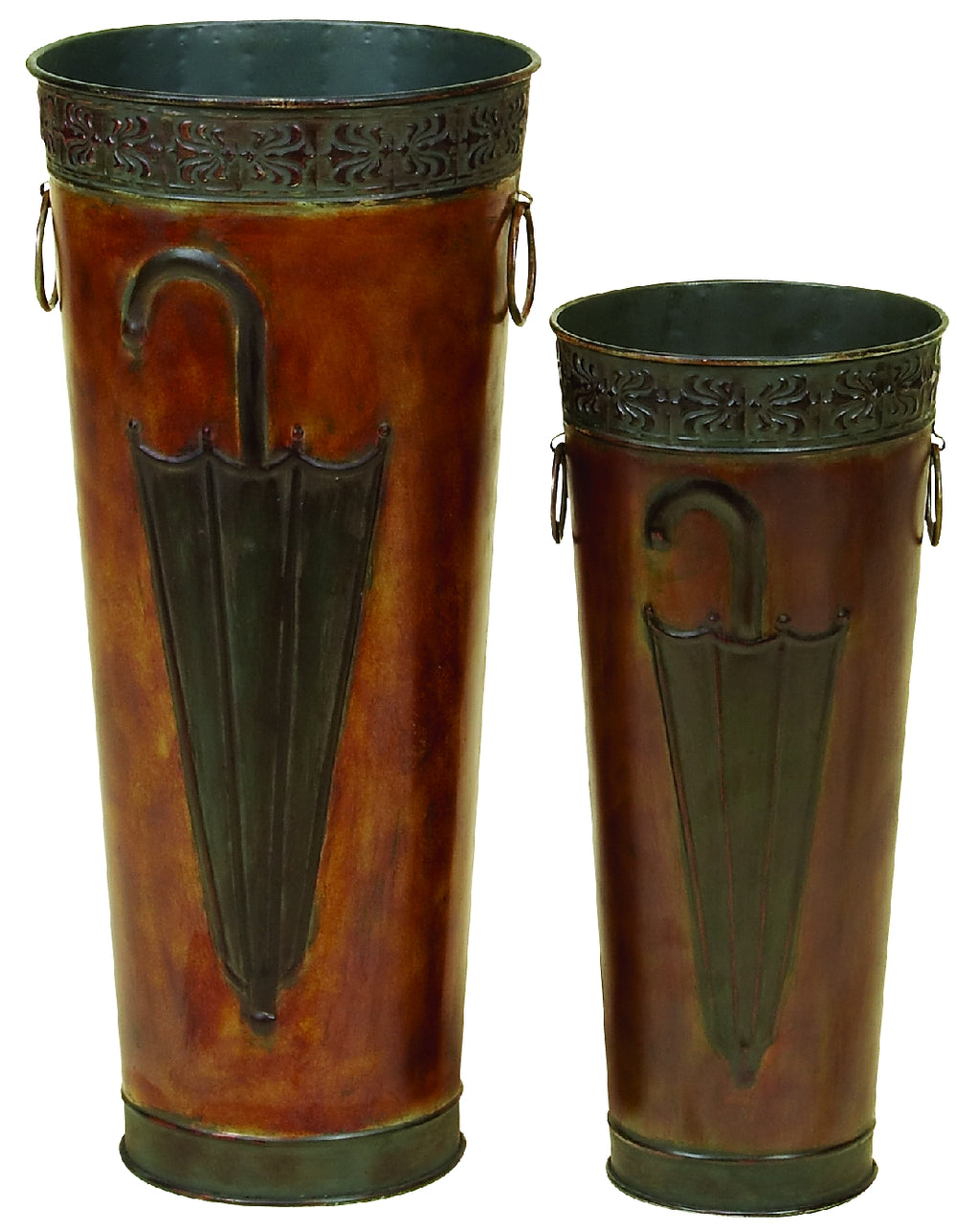 Benzara 21, 16 Inch Metal Umbrella Stands, Engraved Artwork, Set Of 2, Antique Brown, Black Brown Metal Alloy Bm07627