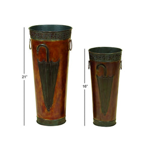 Benzara 21, 16 Inch Metal Umbrella Stands, Engraved Artwork, Set Of 2, Antique Brown, Black Brown Metal Alloy Bm07627