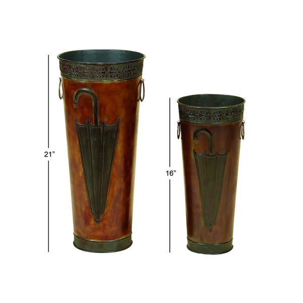 Benzara 21, 16 Inch Metal Umbrella Stands, Engraved Artwork, Set Of 2, Antique Brown, Black Brown Metal Alloy Bm07627