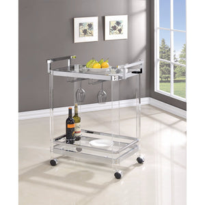 Benzara Stylish Metal Base Serving Cart With Glass Top, Clear Clear Steel And Glass Bm160122