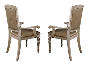 Benzara Wood & Leather Dining Side Arm Chair With Crystal Tufting, Silver, Set Of 2 Silver Wood & Leather Bm176309