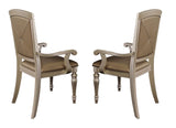 Wood & leather Dining Side Arm Chair With Crystal Tufting, Silver, Set Of 2