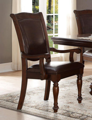 Benzara Traditional Style Wood & Leather Dining Side Arm Chair, Brown & Dark Brown, Set Of 2 Brown Wood & Leather Bm176405