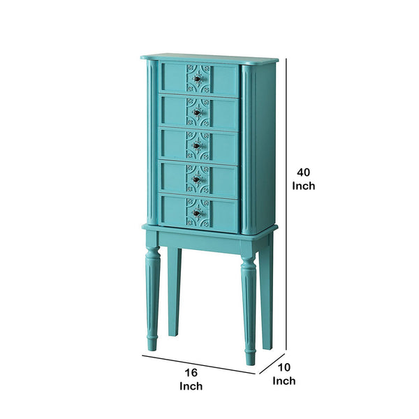 Benzara Wood Jewelry Armoire With 5 Drawers In Light Blue Blue Solid Wood Bm177735