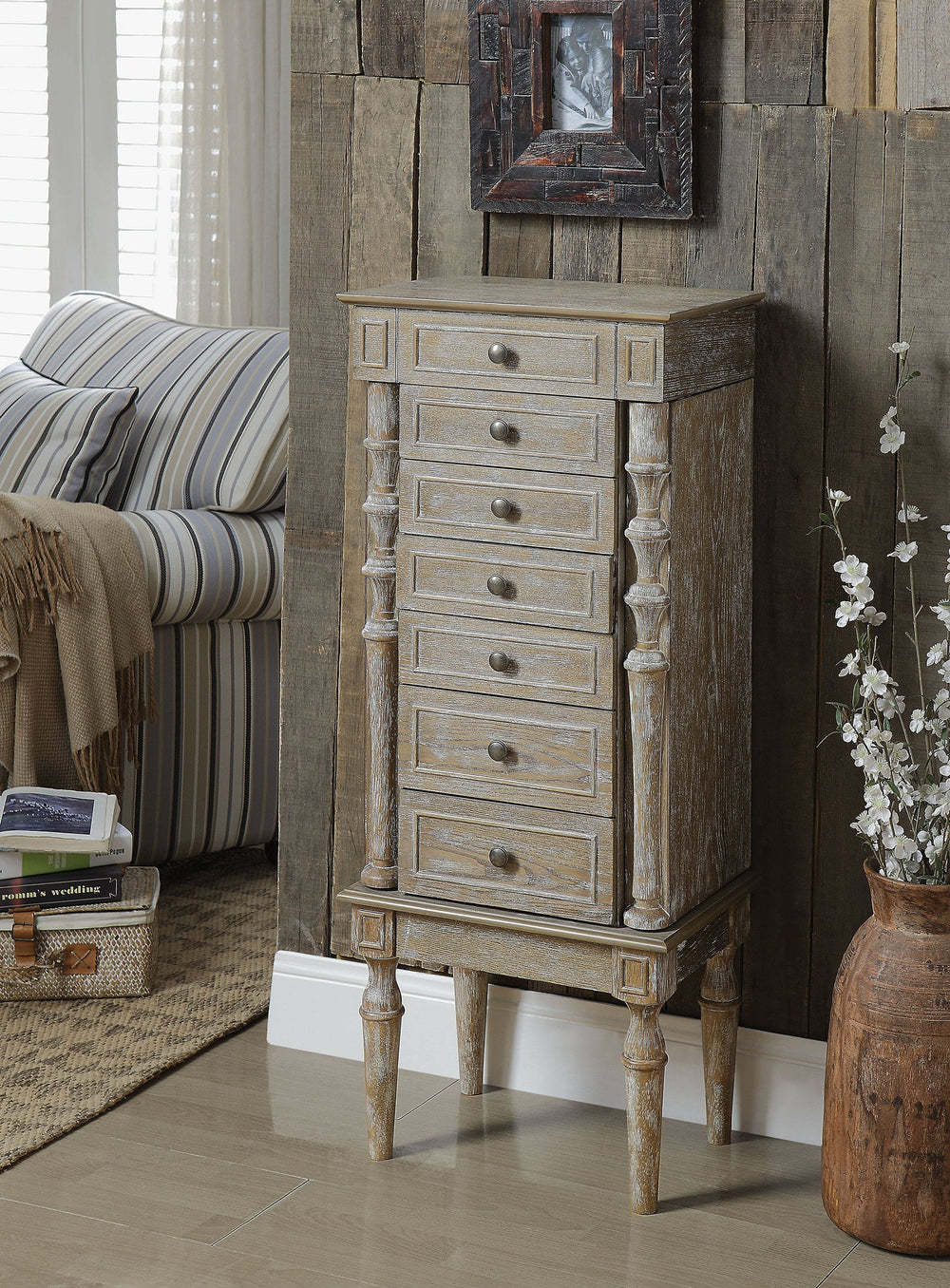 Benzara Wood Jewelry Armoire With 6 Drawers And Top Lid In Weathered Oak Brown Brown Solid Wood Bm177738