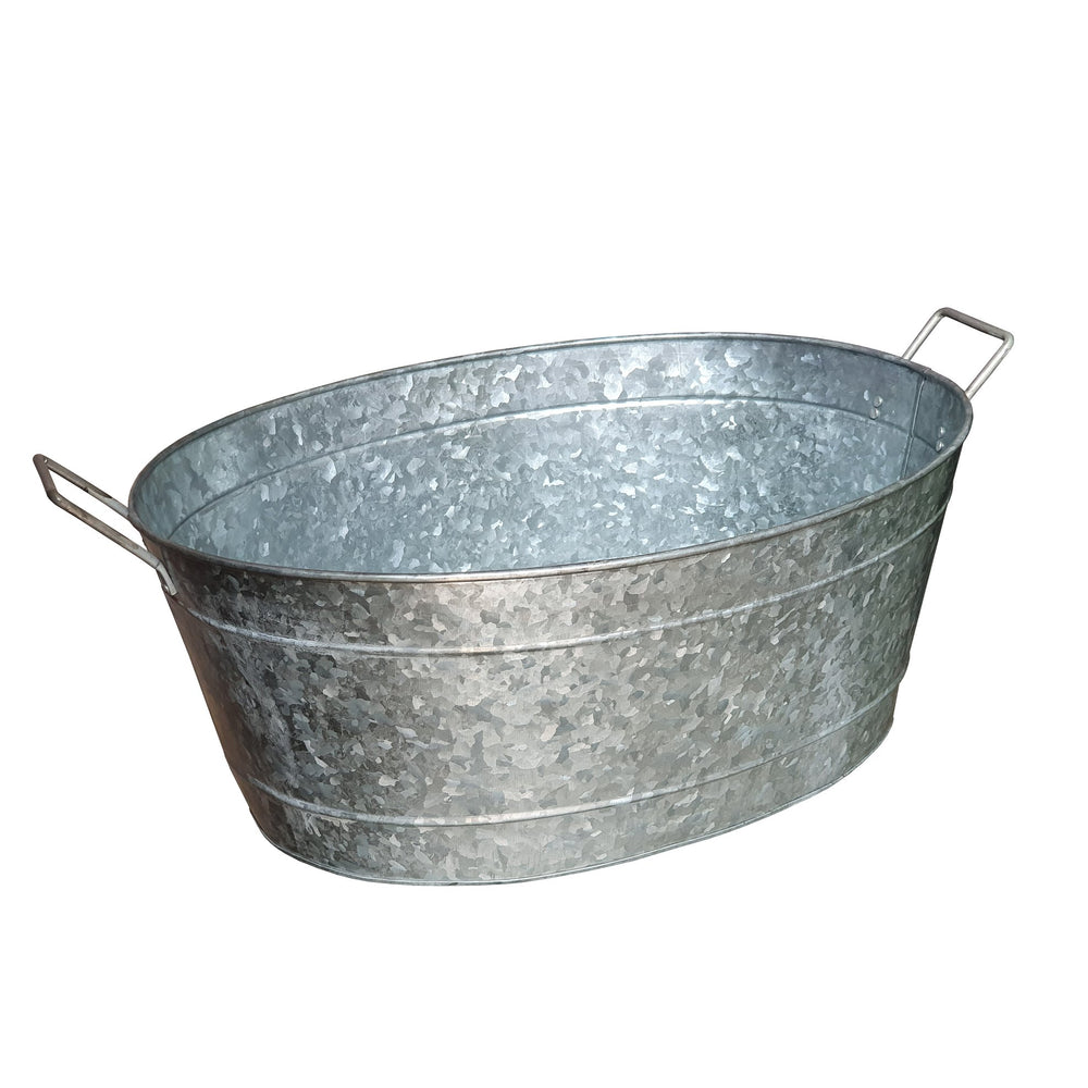 Benzara Embossed Design Oval Shape Galvanized Steel Tub With Side Handles, Small, Silver Silver Steel Bm195212