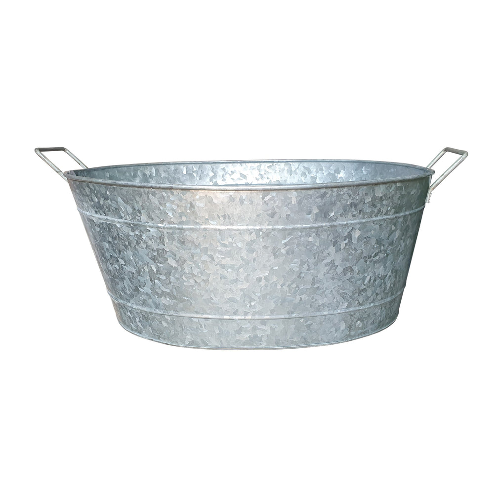 Benzara Embossed Design Oval Shape Galvanized Steel Tub With Side Handles, Small, Silver Silver Steel Bm195212