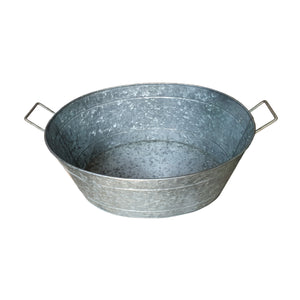 Benzara Embossed Design Oval Shape Galvanized Steel Tub With Side Handles, Small, Silver Silver Steel Bm195212