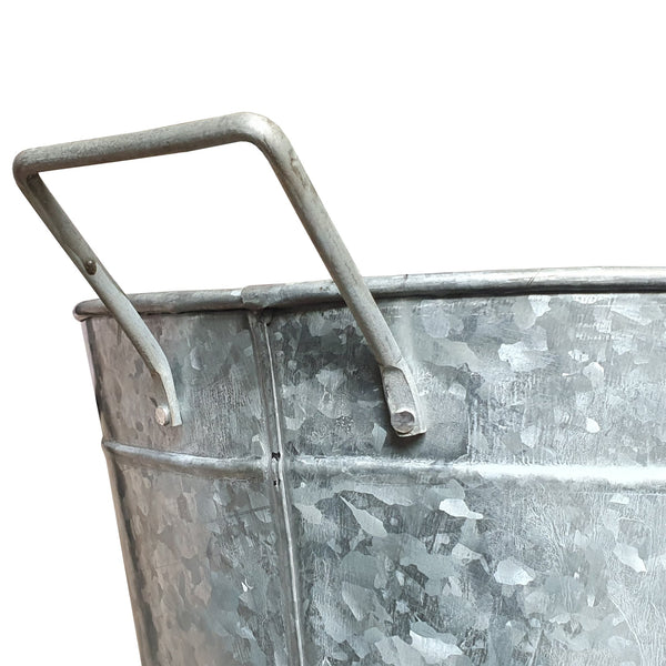 Benzara Embossed Design Oval Shape Galvanized Steel Tub With Side Handles, Small, Silver Silver Steel Bm195212