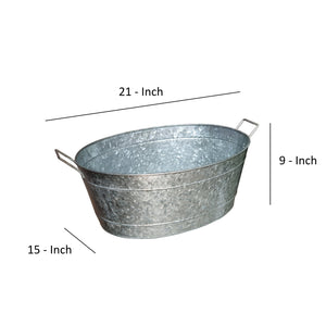 Benzara Embossed Design Oval Shape Galvanized Steel Tub With Side Handles, Small, Silver Silver Steel Bm195212