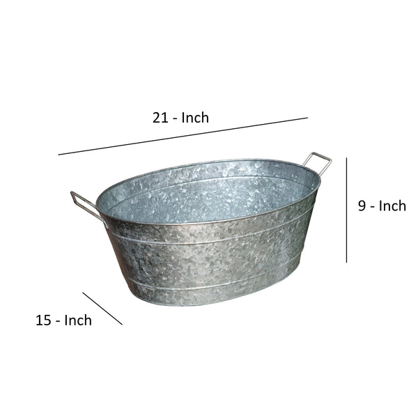 Benzara Embossed Design Oval Shape Galvanized Steel Tub With Side Handles, Small, Silver Silver Steel Bm195212