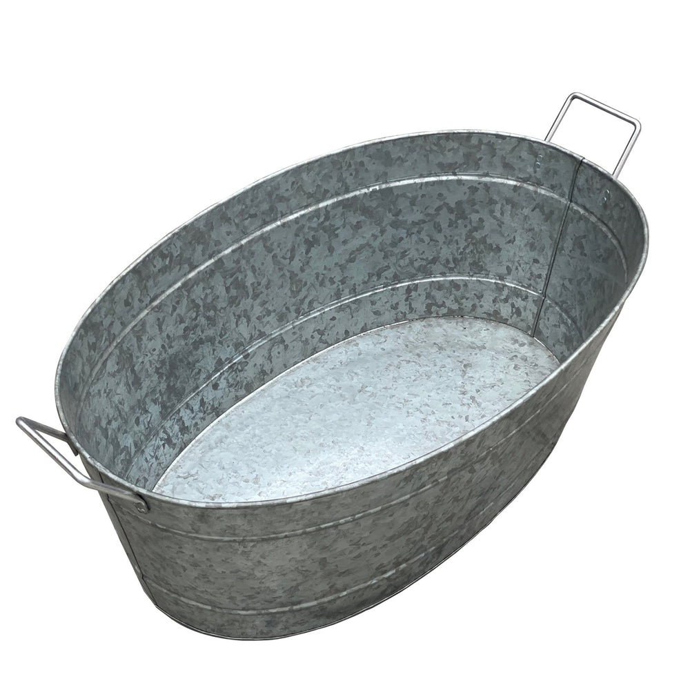 Benzara Embossed Design Oval Shape Galvanized Steel Tub With Side Handles, Large, Silver Silver Steel Bm195213