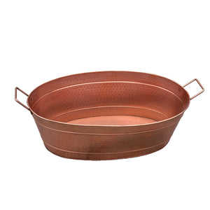 Benzara Oval Shape Hammered Texture Metal Tub With 2 Side Handles, Copper Copper Steel Bm195214