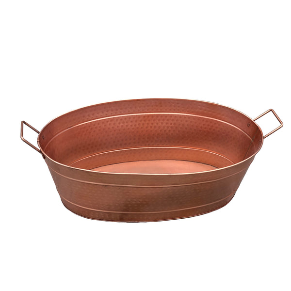 Benzara Oval Shape Hammered Texture Metal Tub With 2 Side Handles, Copper Copper Steel Bm195214