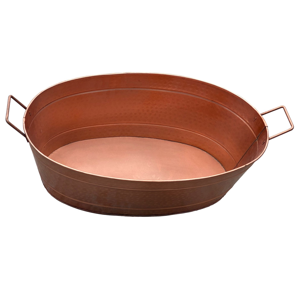 Benzara Oval Shape Hammered Texture Metal Tub With 2 Side Handles, Copper Copper Steel Bm195214