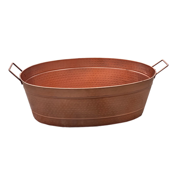 Benzara Oval Shape Hammered Texture Metal Tub With 2 Side Handles, Copper Copper Steel Bm195214