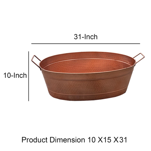 Benzara Oval Shape Hammered Texture Metal Tub With 2 Side Handles, Copper Copper Steel Bm195214