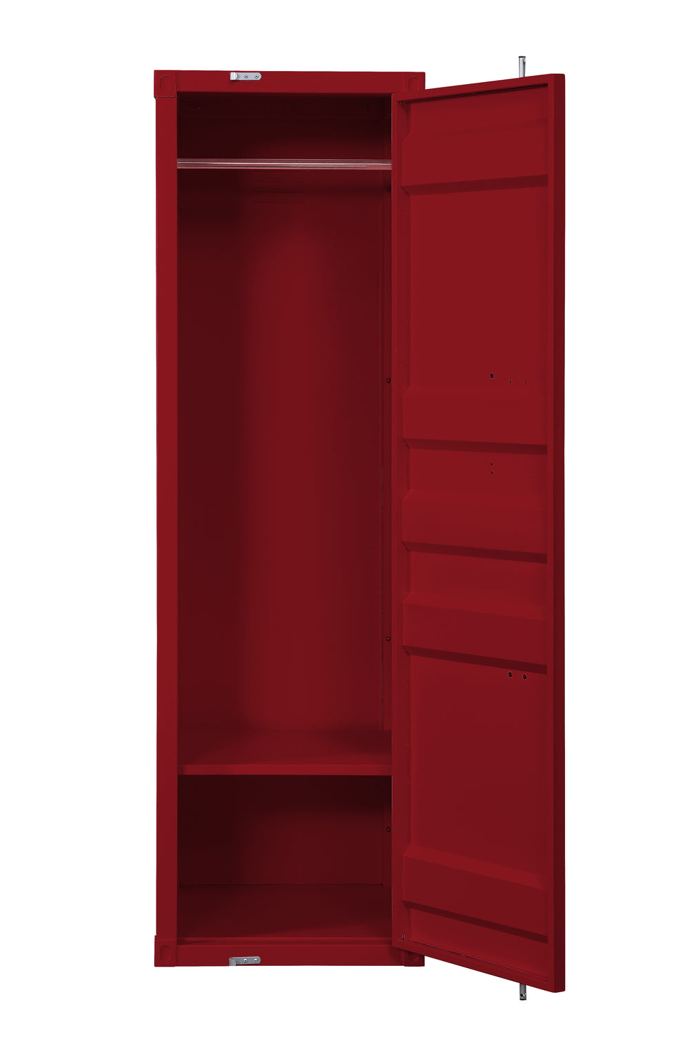 Benzara Single Door Wardrobe With Double Storage Compartment And Cremone Bolt, Red Red Metal Bm207431