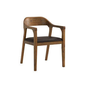 Benzara Curved Panel Back Dining Chair With Sleek Track Arms, Brown Brown Solid Wood,Leatherette Bm239749