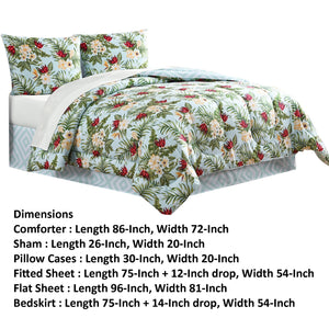 Benzara Elia 8 Piece Polyester Full Comforter Set, Tropical Design, Green, White Green And White Polyester Bm283883