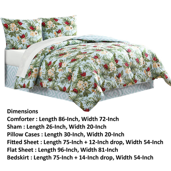 Benzara Elia 8 Piece Polyester Full Comforter Set, Tropical Design, Green, White Green And White Polyester Bm283883