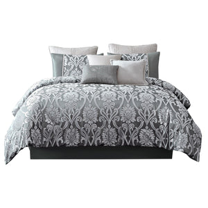 Benzara Emma 10 Piece Polyester King Comforter Set, Gray Silver Velvet Damask Print Gray And Silver Polyester And Velvet Bm283919