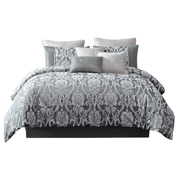 Benzara Emma 10 Piece Polyester King Comforter Set, Gray Silver Velvet Damask Print Gray And Silver Polyester And Velvet Bm283919