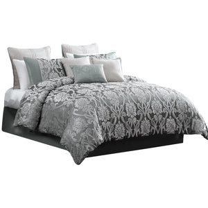 Benzara Emma 10 Piece Polyester King Comforter Set, Gray Silver Velvet Damask Print Gray And Silver Polyester And Velvet Bm283919