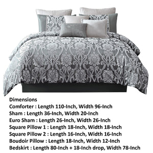 Benzara Emma 10 Piece Polyester King Comforter Set, Gray Silver Velvet Damask Print Gray And Silver Polyester And Velvet Bm283919