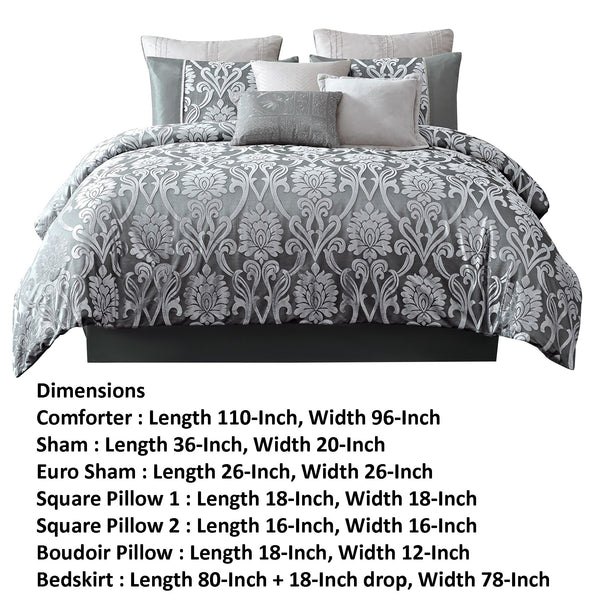 Benzara Emma 10 Piece Polyester King Comforter Set, Gray Silver Velvet Damask Print Gray And Silver Polyester And Velvet Bm283919