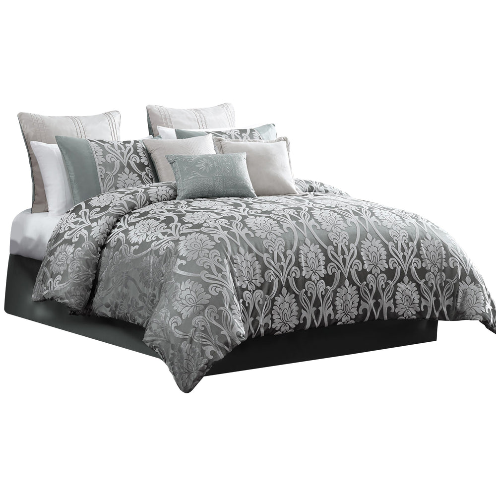 Benzara Emma 9 Piece Polyester Queen Comforter Set, Gray Silver Velvet Damask Print Gray And Silver Polyester And Velvet Bm283920