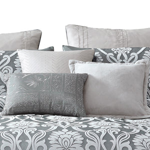 Benzara Emma 9 Piece Polyester Queen Comforter Set, Gray Silver Velvet Damask Print Gray And Silver Polyester And Velvet Bm283920